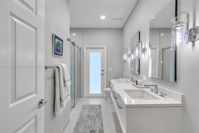 1220 Iris Ct, Weston, FL 33326 - bathroom featuring a shower stall, double vanity, toilet, marble finish flooring, and recessed lighting