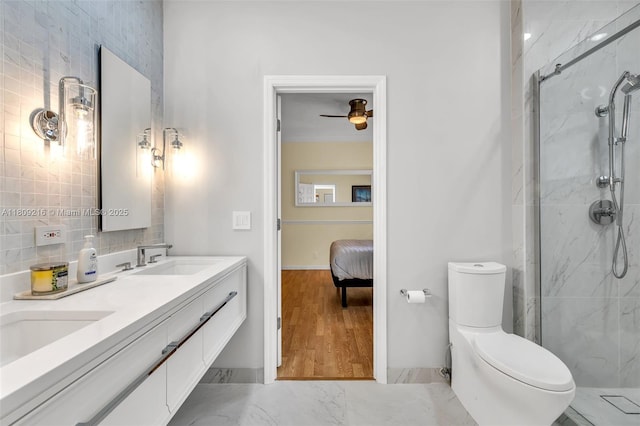 1220 Iris Ct, Weston, FL 33326 - full bath featuring ensuite bathroom, a marble finish shower, double vanity, toilet, and ceiling fan