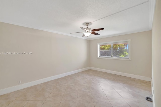 1055 Country Club Dr Unit 406, Margate, FL 33063 - empty room featuring a ceiling fan, baseboards, crown molding, light tile patterned floors, and a textured ceiling