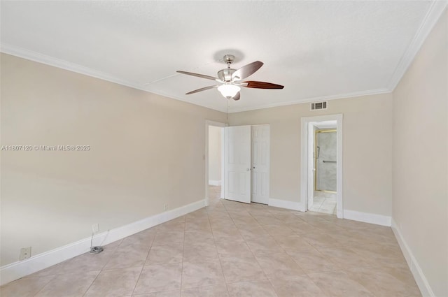 1055 Country Club Dr Unit 406, Margate, FL 33063 - unfurnished bedroom featuring crown molding, baseboards, ensuite bathroom, light tile patterned flooring, and ceiling fan