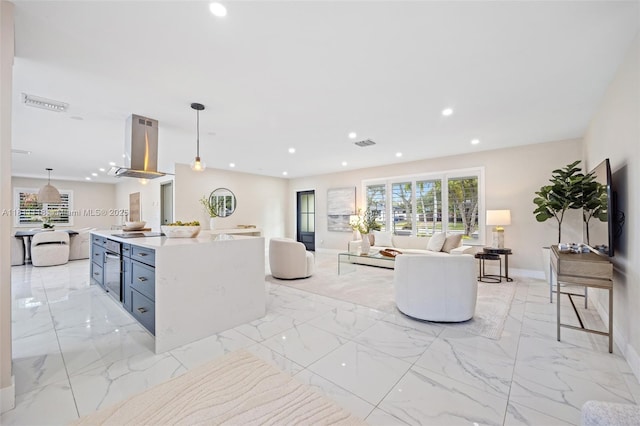 17243 SW 87th Ave, Palmetto Bay, FL 33157 - kitchen with island range hood, open floor plan, light marble finish floors, a center island, and recessed lighting