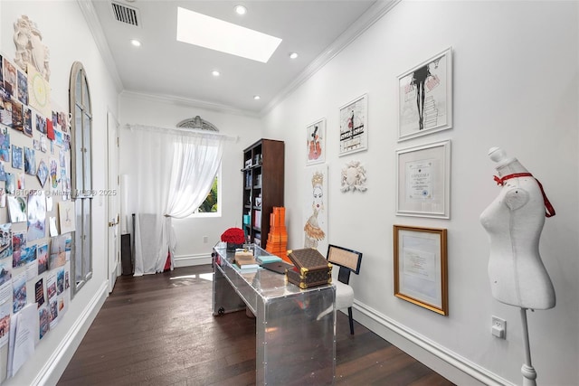 13255 Biscayne Bay Ter, North Miami, FL 33181 - home office with a skylight, ornamental molding, dark wood finished floors, baseboards, and recessed lighting