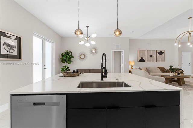8887 NW 139th Ter, Miami Lakes, FL 33018 - kitchen with dishwasher, a sink, dark cabinetry, open floor plan, and modern cabinets