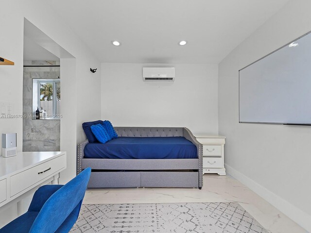 11755 SW 187th St, Miami, FL 33177 - bedroom with a wall unit AC, marble look tile flooring, recessed lighting, and baseboards