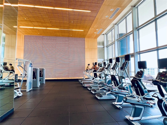 3470 E Coast Ave Unit H1006, Miami, FL 33137 - workout area featuring a towering ceiling, wooden ceiling, floor to ceiling windows, and recessed lighting