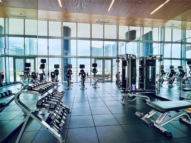 3470 E Coast Ave Unit H1006, Miami, FL 33137 - workout area with expansive windows, a view of city, and a high ceiling