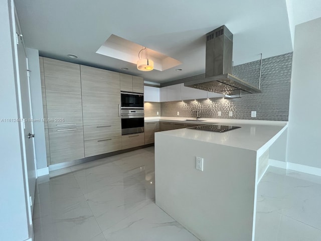 17301 Biscayne Blvd Unit 2105, North Miami Beach, FL 33160 - kitchen with island exhaust hood, light marble finish floors, modern cabinets, and black appliances