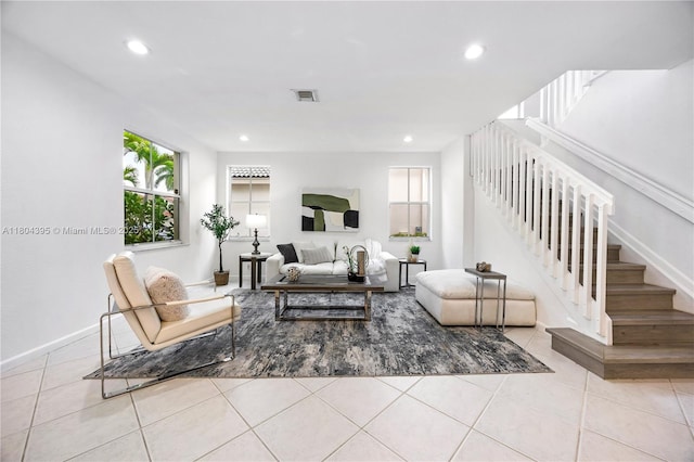 1906 Timberline Rd, Weston, FL 33327 - tiled living room with stairway, recessed lighting, and baseboards