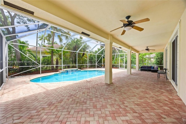 1906 Timberline Rd, Weston, FL 33327 - swimming pool with a patio area, an outdoor hangout area, a ceiling fan, and glass enclosure
