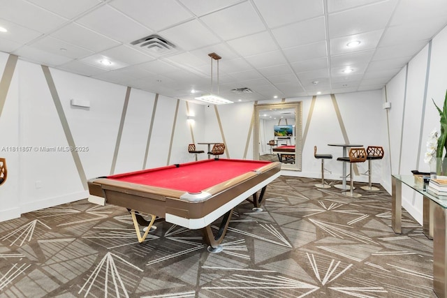 5701 Collins Ave Unit 712, Miami Beach, FL 33140 - game room with carpet, pool table, a paneled ceiling, recessed lighting, and baseboards