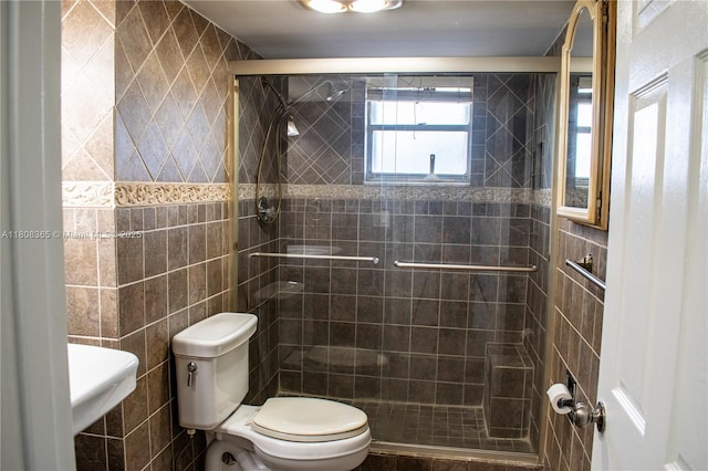 3090 Holiday Springs Blvd Unit 305, Margate, FL 33063 - full bathroom featuring toilet, a stall shower, and tile walls