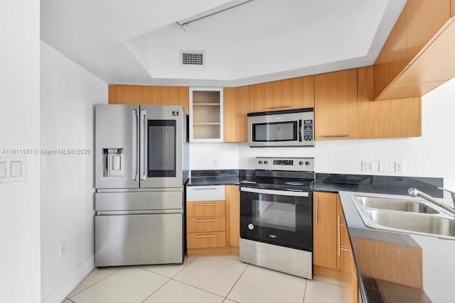 1750 N Bayshore Dr Unit 4801, Miami, FL 33132 - kitchen with stainless steel appliances, a sink, a tray ceiling, light tile patterned floors, and dark countertops
