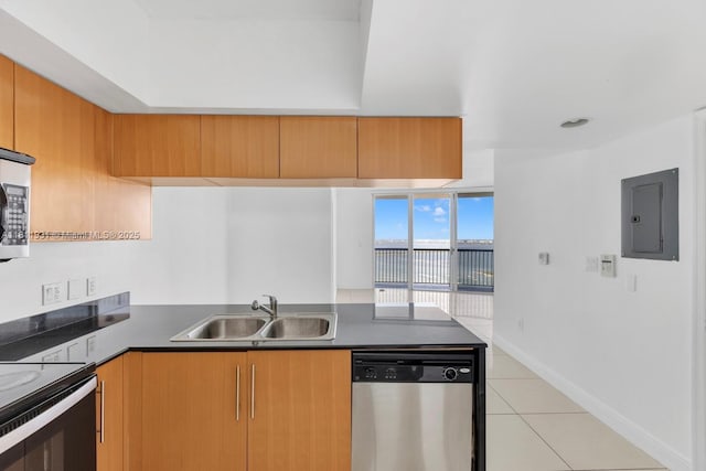 1750 N Bayshore Dr Unit 4801, Miami, FL 33132 - kitchen featuring stainless steel dishwasher, electric panel, a sink, light tile patterned floors, and a peninsula