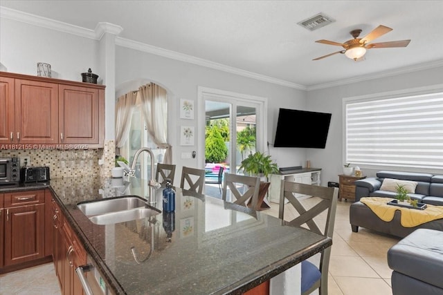 18342 NW 11th St, Pembroke Pines, FL 33029 - kitchen with a sink, open floor plan, light tile patterned floors, ceiling fan, and crown molding