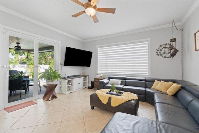 18342 NW 11th St, Pembroke Pines, FL 33029 - living area featuring a ceiling fan, ornamental molding, and light tile patterned flooring