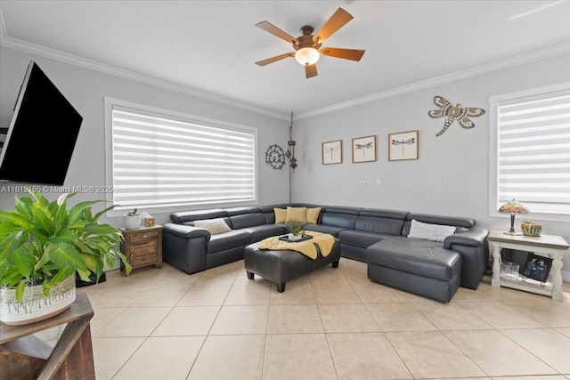 18342 NW 11th St, Pembroke Pines, FL 33029 - living area with ornamental molding, ceiling fan, and light tile patterned flooring