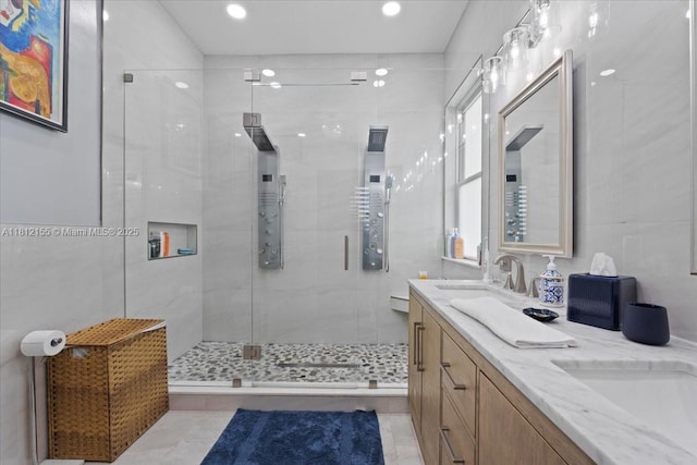 18342 NW 11th St, Pembroke Pines, FL 33029 - bathroom featuring a stall shower, double vanity, recessed lighting, and tile patterned floors