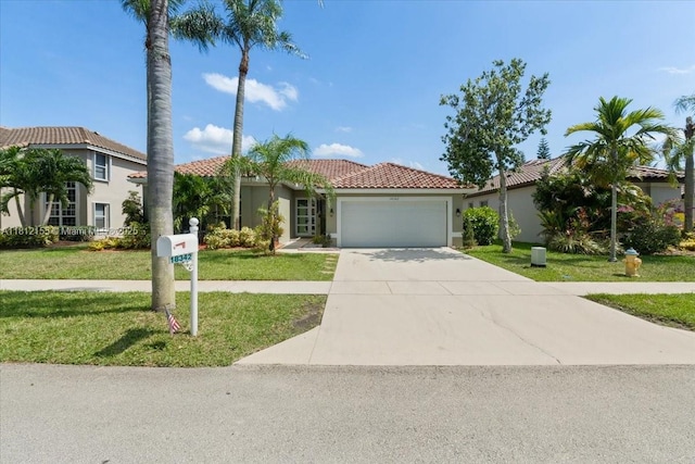 18342 NW 11th St, Pembroke Pines, FL 33029 - mediterranean / spanish-style home with a tiled roof, a garage, stucco siding, and a front yard