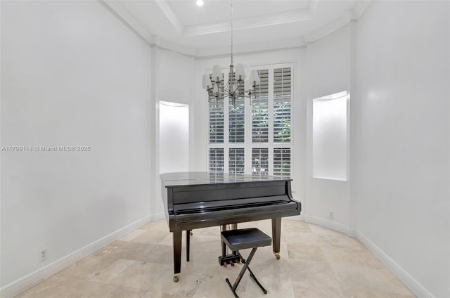8244 Lakeview Dr, West Palm Beach, FL 33412 - sitting room featuring a raised ceiling, ornamental molding, a chandelier, and baseboards
