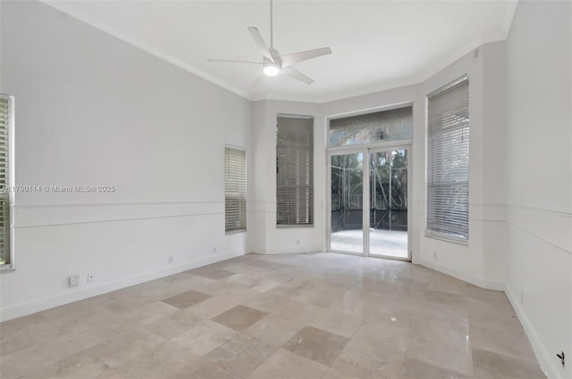 8244 Lakeview Dr, West Palm Beach, FL 33412 - empty room featuring ornamental molding, a ceiling fan, and baseboards