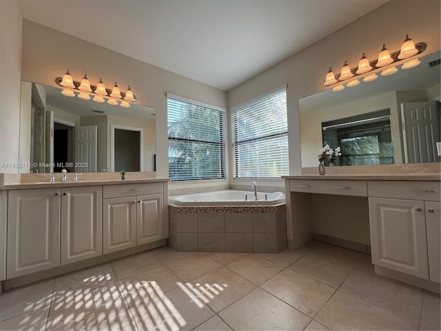 8248 Lost Creek Ln, Delray Beach, FL 33446 - bathroom featuring vanity, a garden tub, tile patterned floors, and a shower with door