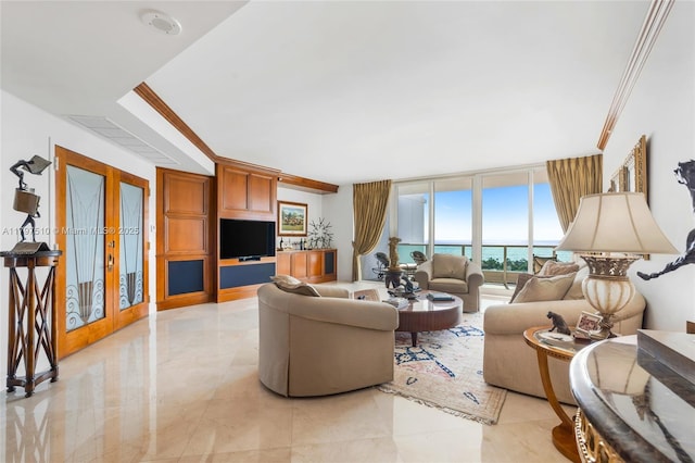 19955 NE 38th Ct Unit 2204, Aventura, FL 33180 - living room featuring expansive windows, crown molding, and french doors