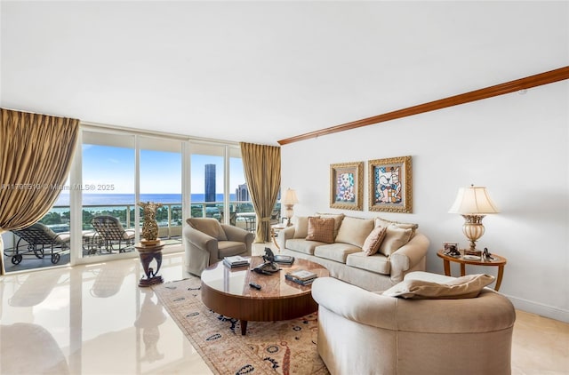 19955 NE 38th Ct Unit 2204, Aventura, FL 33180 - living room featuring a wall of windows, ornamental molding, a water view, light tile patterned flooring, and baseboards