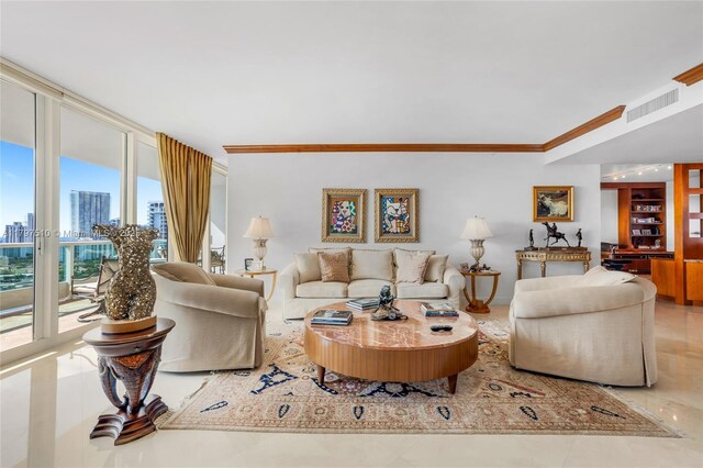 19955 NE 38th Ct Unit 2204, Aventura, FL 33180 - living area with crown molding, expansive windows, and a view of city