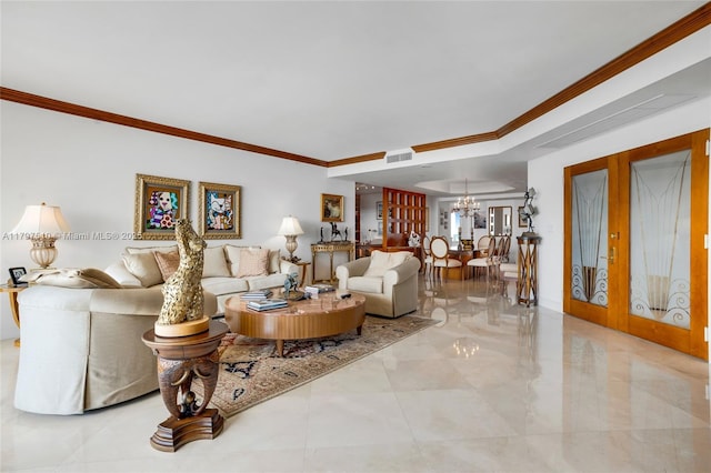 19955 NE 38th Ct Unit 2204, Aventura, FL 33180 - living room with french doors, ornamental molding, a chandelier, and marble finish floors