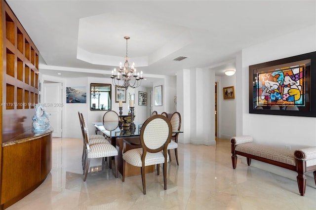 19955 NE 38th Ct Unit 2204, Aventura, FL 33180 - dining room with a chandelier, a tray ceiling, and light marble finish floors