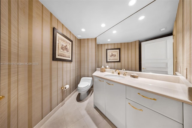 19955 NE 38th Ct Unit 2204, Aventura, FL 33180 - bathroom featuring wallpapered walls, vanity, toilet, recessed lighting, and tile patterned flooring