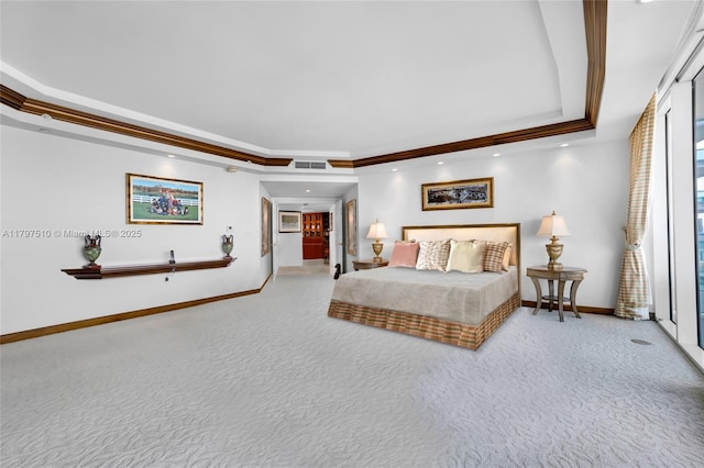 19955 NE 38th Ct Unit 2204, Aventura, FL 33180 - bedroom featuring a tray ceiling, baseboards, carpet, ornamental molding, and recessed lighting