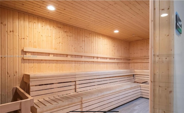 7661 NW 107th Ave Unit 303, Doral, FL 33178 - sauna / steam room featuring wood walls, recessed lighting, and wood ceiling