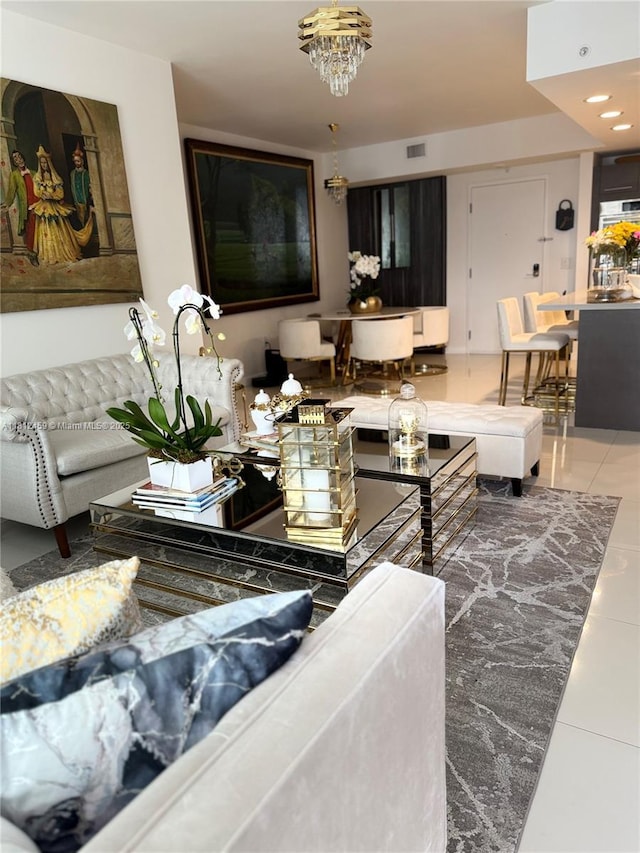 7661 NW 107th Ave Unit 303, Doral, FL 33178 - living room featuring tile patterned flooring, recessed lighting, and a chandelier
