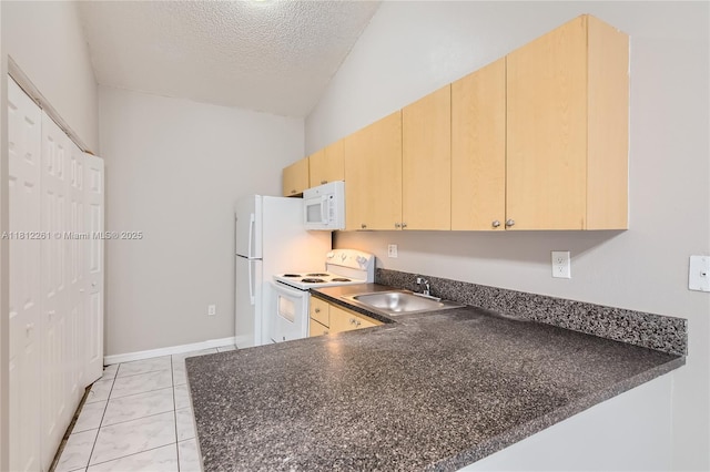 20316 NW 32nd Path, Miami Gardens, FL 33056 - kitchen with white appliances, a sink, dark countertops, a textured ceiling, and light brown cabinets