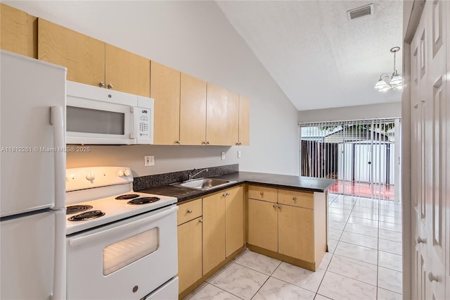 20316 NW 32nd Path, Miami Gardens, FL 33056 - kitchen featuring white appliances, a sink, vaulted ceiling, a peninsula, and dark countertops