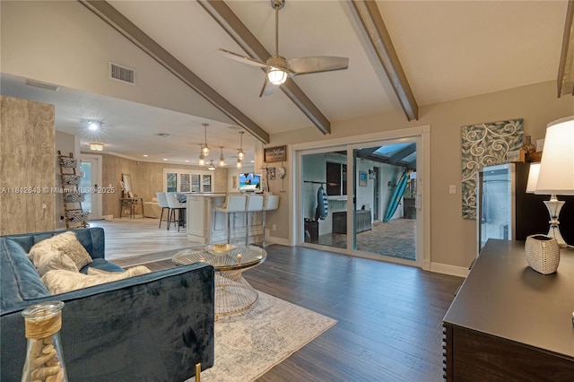 2750 SW 86th Way, Davie, FL 33328 - living area featuring dark wood-type flooring, a ceiling fan, beamed ceiling, baseboards, and high vaulted ceiling