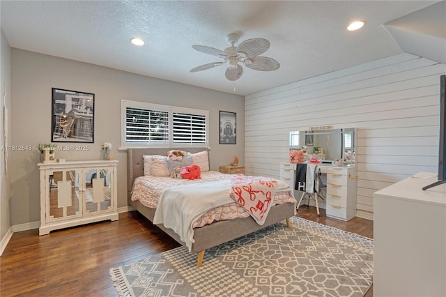 2750 SW 86th Way, Davie, FL 33328 - bedroom with wood walls, wood finished floors, recessed lighting, a textured ceiling, and a ceiling fan