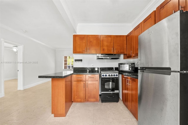 1300 Salzedo St Unit 1, Coral Gables, FL 33134 - kitchen featuring black appliances, a peninsula, under cabinet range hood, ornamental molding, and brown cabinets