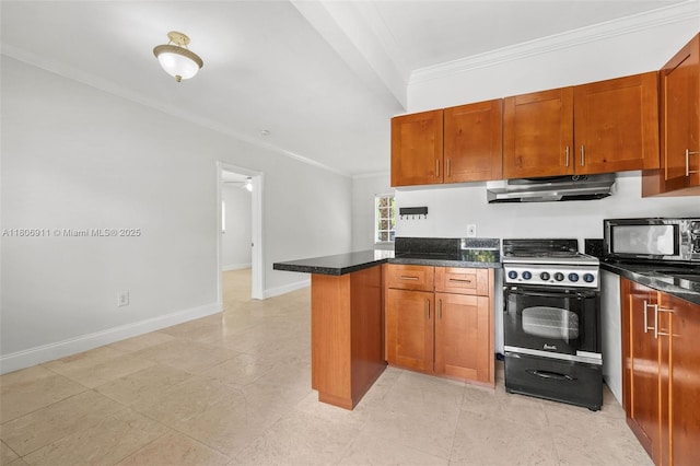1300 Salzedo St Unit 1, Coral Gables, FL 33134 - kitchen featuring black appliances, under cabinet range hood, ornamental molding, a peninsula, and brown cabinetry