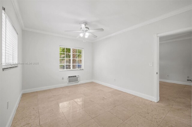 1300 Salzedo St Unit 1, Coral Gables, FL 33134 - empty room with ceiling fan, a wall mounted air conditioner, crown molding, baseboards, and light tile patterned floors