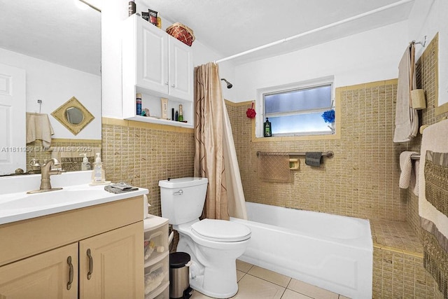 911 E 9th Pl, Hialeah, FL 33010 - bathroom featuring tile walls, tile patterned floors, vanity, shower / bath combination with curtain, and toilet