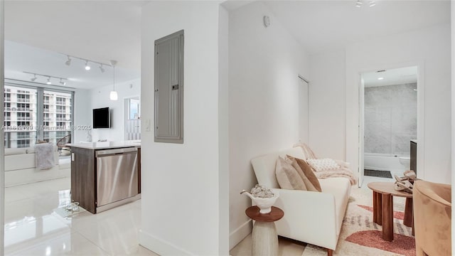 488 NE 18th St Unit 4208, Miami, FL 33132 - hallway featuring light tile patterned floors, baseboards, rail lighting, and electric panel