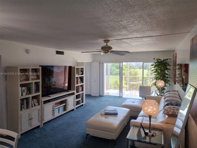 3300 N Palm Aire Dr Unit 706, Pompano Beach, FL 33069 - living room featuring dark carpet, a textured ceiling, and a ceiling fan