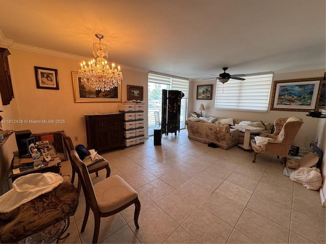 3750 NE 169th St Unit 106, North Miami Beach, FL 33160 - living area with ornamental molding, light tile patterned floors, a chandelier, a ceiling fan, and plenty of natural light