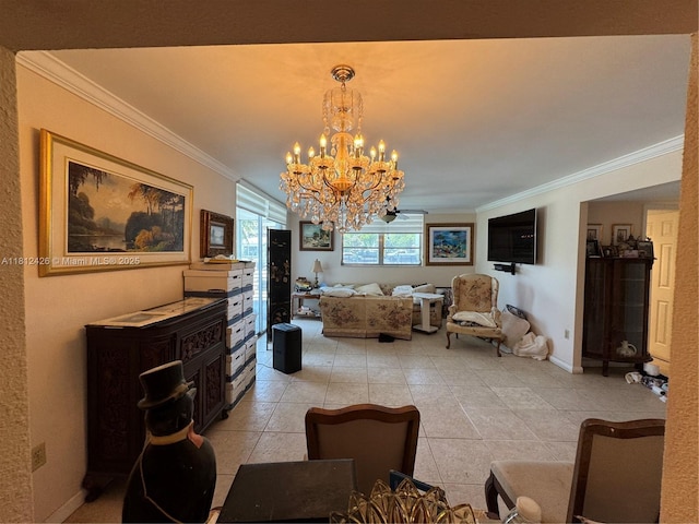 3750 NE 169th St Unit 106, North Miami Beach, FL 33160 - living area featuring crown molding, a chandelier, light tile patterned floors, and baseboards