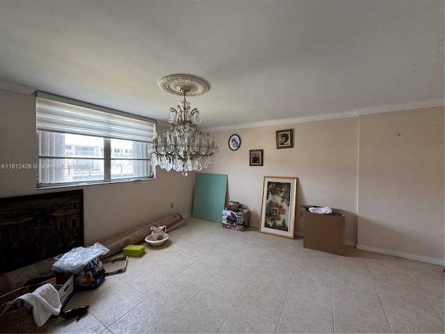 3750 NE 169th St Unit 106, North Miami Beach, FL 33160 - unfurnished dining area featuring tile patterned flooring, ornamental molding, a chandelier, and baseboards