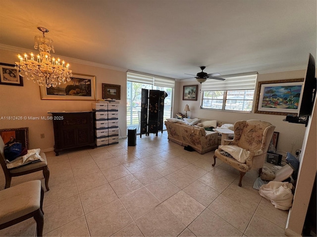 3750 NE 169th St Unit 106, North Miami Beach, FL 33160 - living room featuring light tile patterned floors, crown molding, a chandelier, and a ceiling fan