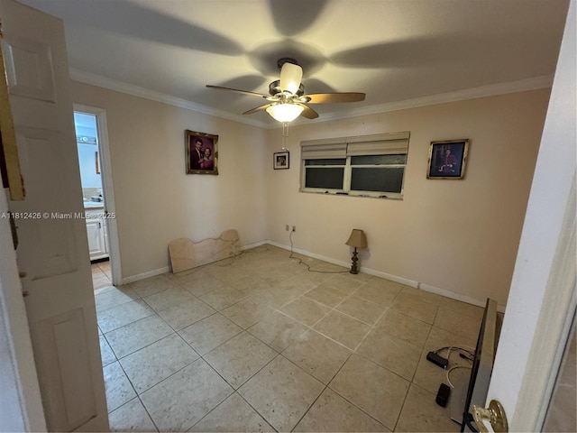 3750 NE 169th St Unit 106, North Miami Beach, FL 33160 - empty room with ornamental molding, ceiling fan, light tile patterned flooring, and baseboards