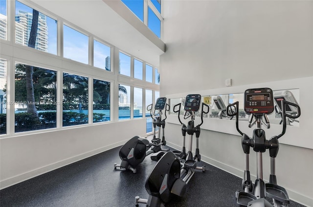 1900 N Bayshore Dr Unit 3605, Miami, FL 33132 - workout room featuring plenty of natural light, baseboards, and a towering ceiling